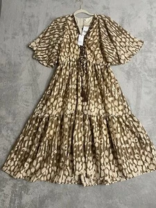 Kaktus Maxi Dress Womens Medium Cream Flutter Tiered Boho Beaded Neckline New - Picture 1 of 15