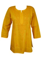 Womens Tunic Shirt Yellow Embroidered Cotton Indian Summer Bohemian Kurti M/L