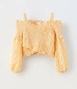 Zara Kids Floral Textured Surplice Long Sleeve Top Shirt Off Shoulder Size 8 - Picture 1 of 9