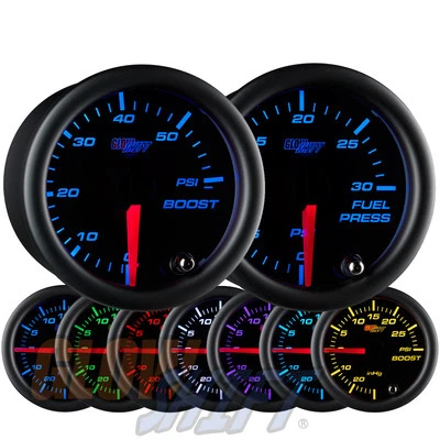 GlowShift 52mm Black 7 Color 60PSI Turbo Boost + 30PSI Fuel Pressure Gauge Set - Image 1 of 4