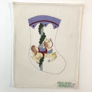 Deux Amis Carousel Horse Christmas Mini Stocking Hand-Painted Needlepoint Canvas - Picture 1 of 6