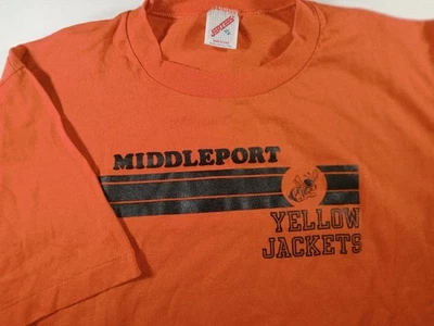 VTG 50/50 MIDDLEPORT OHIO Yellow Jackets JERZEES XL Orange T Shirt Athletic 80s  - Image 1 of 2