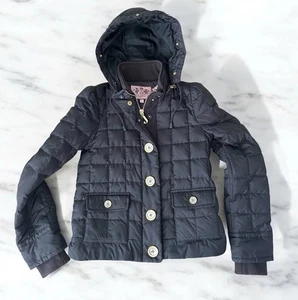 Vintage Y2K Juicy Couture Black Down Quilted Puffer Coat Jacket Hooded Sz P - Picture 1 of 8