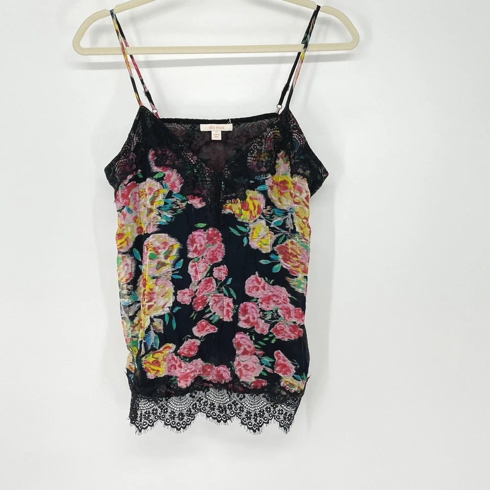Ella Moss 100% Silk Black Floral Lace Trim Cami Top Tank Women's Size S Y2K - Image 1 of 4