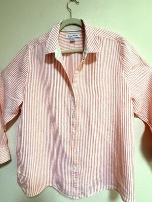 Camisa feminina Tommy Bahama listrada rosa e branca manga longa com botões tamanho XL - Imagem 1 de 4