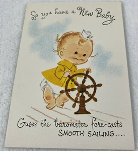 Vintage Card New Baby Guess the Barometer Forecast Smooth Sailing Captain Wheel - Picture 1 of 5