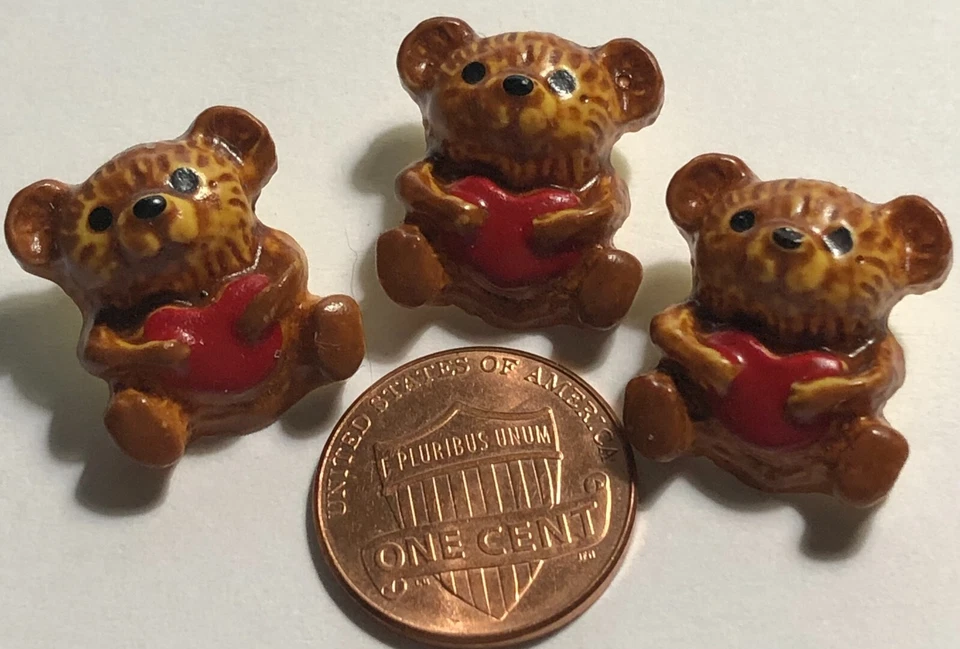 3 JHB Hand-Painted Teddy Bear Red Heart Resin Shank Buttons 19mm 3/4" Tall 12534 - Image 1 of 4