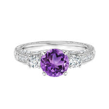 Prong Set 6MM Round Shape 925 Sterling Silver Amethyst Side Accents Women Ring