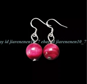 Fashion Pretty Rose Red Tigers Eye Gems Round Beads Drop Dangle Earrings 10mm - Picture 1 of 12