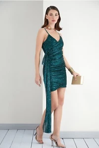 Emerald Green Black V-neck Sequin Bodycon Party Evening Gown Dress Size 12 14 - Picture 1 of 4