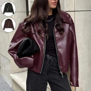 Women’s Solid Color Lapel Zipper Leather Jacket – Fashion Casual Long Sleeve Coa - Picture 1 of 19