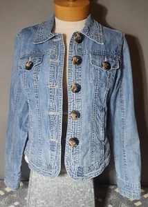 Super Cute AMX Denim Jacket With Large Brown Button Accent Size M - Picture 1 of 15