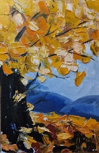 Original oil on canvas painting fall landscape autumn trees mountains 6x4" - Picture 1 of 5