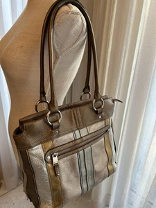 Bolso de Mano de Cuero Cartera Tiganello Dorado Plata Bronce Bolsillos Asas Cortas Años 90 - Imagen 1 de 13