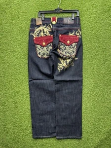 Akcess Y2K Baggy Jeans Mens 32x30 Embroidered Studded Embroidered Logo JNCO NWT - Picture 1 of 14