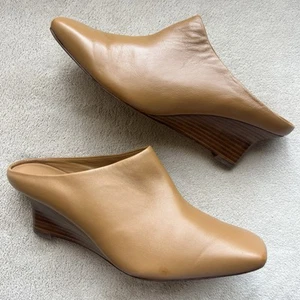 Vince Benita Cognac Tan Leather Mules Women 7 M Square Toe Slip On Clog Wedge - Picture 1 of 15