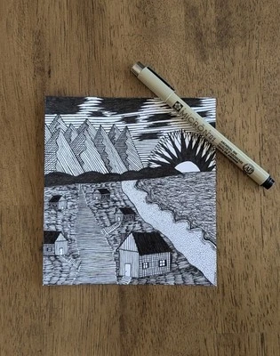 Dibujo a tinta original de 5x5,5 pulgadas Ocean Island cabañas paisaje mar firmado único en su clase Foto 1 de 4