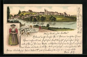 Lithographie Dachau, Teilansicht, Frau in Tracht  - Picture 1 of 2