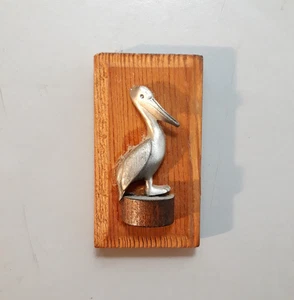 Vintage Fridge Magnet Pewter Pelican on Wood Backing - Picture 1 of 4