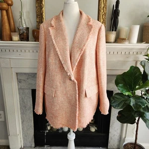Blazer tweed rosa pesca mango frange MNG Corpcore Light Academia taglie forti 3XL - Foto 1 di 11
