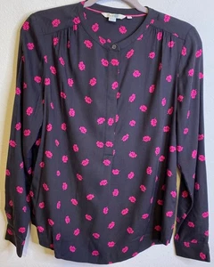Blusa Top Camisa BODEN Popover Gris Rosa Hojas Manga Larga Talla 6 Mediana - Imagen 1 de 3