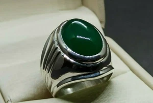 Natural Yemeni Green Aqeeq Mens Sterling Silver 925 Handmade Green Agate Ring - Picture 1 of 12