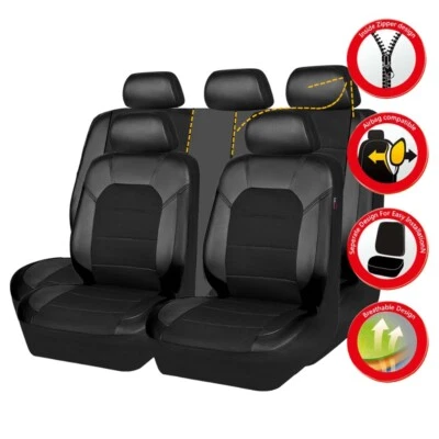 Black Leather Car Seat Cover Front Rear Full Set Cushion Protector Accessories - Imagem 1 de 4