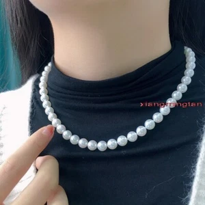 Top quality 17"9-10mm round REAL natural south sea WHITE pearl necklace 14k gold - Picture 1 of 7