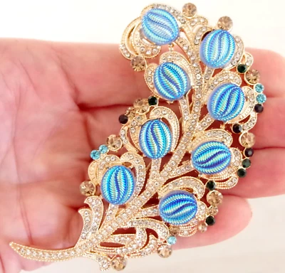 Precioso! PIN BROCHE PLUMA PAVO REAL 3.5" ESTILO DISEÑADOR AZUL CABINA AB/ESTRÁS Foto 1 de 4