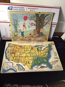 2 Vintage Frame Tray Puzzles - Winnie the Pooh & Deluxe USA Map  - Picture 1 of 8