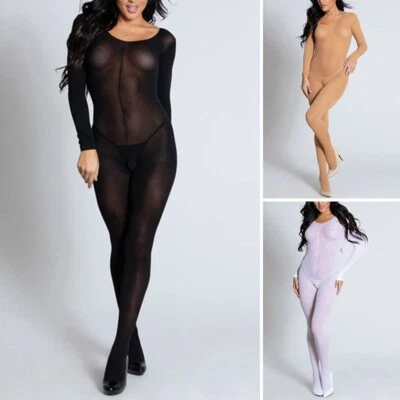 Sexy Damen Ganzkörper Strumpf Offener Schritt Lingerie Langärmelig Strumpfband - Bild 1 von 4