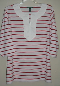 NWT~RALPH LAUREN~WHITE/RED STRIPED 3/4 SLEEVE TUNIC/SHIRT/TOP~PLUS SIZE 1X~NEW - Picture 1 of 2