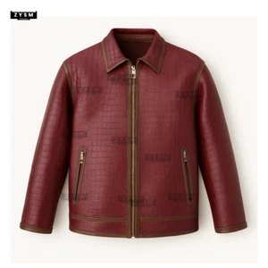 Men’s Burgundy Matte Crocodile Embossed Leather Jacket Cowhide Zip S–5XL - Picture 1 of 14