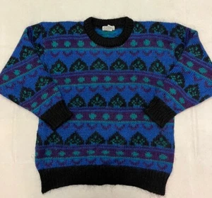 Vintage Gallagher Blue/Teal/Purple Fair Isle Crew Neck Mohair Blend Sweater LRG - Picture 1 of 9
