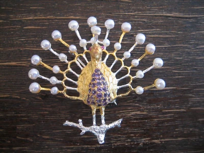 prächtige Pfau Pfauen Anhänger Brosche Peacock Pendant 925er Silber Perlen - Bild 1 von 4
