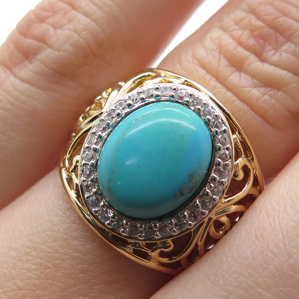 ROSS SIMONS 925 Sterling Silver Gold Plated Faux Turquoise & C Z Ring Size 6.25 - Image 1 of 4