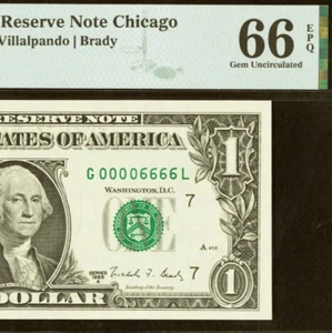 1988A $1 Federal Reserve Note - PMG 66EPQ - Double Quad Serial Number 00006666 - Picture 1 of 3