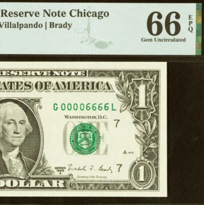 1988A $1 Federal Reserve Note - PMG 66EPQ - Double Quad Serial Number 00006666 - Image 1 of 3