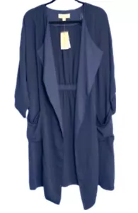 NWT PHILOSOPHY Women's Small Open Duster Cardigan Navy Blue Pockets Roll Tab Slv - Picture 1 of 9