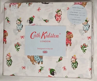 Cath Kidston Queen Sheet Set Puppy Love Pink Dogs in Clothes Winter Christmas - Image 1 of 4