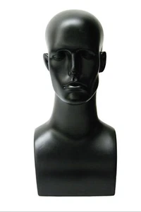 Plastic Black Adult Men's Mannequin Display Head with Facial Features and Ears - Picture 1 of 4