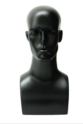 Plastic Black Adult Men's Mannequin Display Head with Facial Features and Ears - Image 1 of 4
