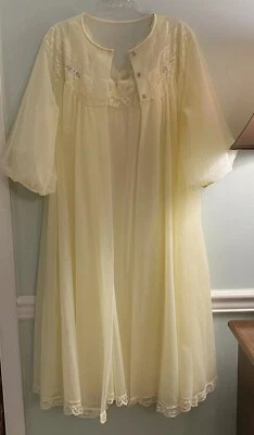 60s Shadowline Nightgown Robe Peignoir 2 Pc Long Sheer Chiffon Nylon Lace Sz Med - Image 1 of 4