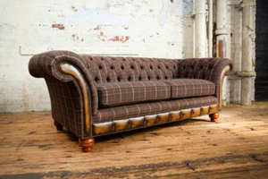 HANDMADE 3 SEATER BROWN TWEED CHECK HERRINGBONE WOOL CHESTERFIELD SOFA COUCH - Picture 1 of 10