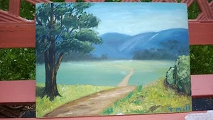 Original "SUMMER MORNING/" Oil Painting Primitive Naive Style Artist SignedBoard - Picture 1 of 7