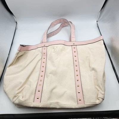 Victoria’s Secret L Canvas Tote Weekender Bag White Pink Studded Travel Purse - Image 1 of 4