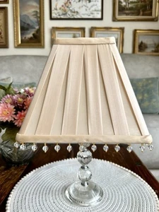 Vintage Champagne Gold Fabric Table Lampshade Pleated Square Shape Beaded Edge - Picture 1 of 17