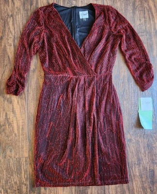 J. Taylor Red & Black V-Neck Gathered Knee Length Dress Women's Size 6, NEW!! - Image 1 of 4