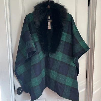 NWT Talbots BLACK WATCH TARTAN RUANA Size X-1X With Faux Fur Collar  - Image 1 of 4