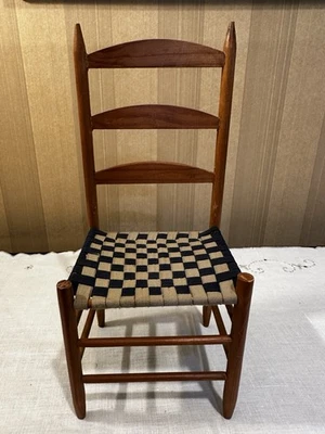 Shaker Style Doll Chair Blue And Grey Cloth Woven Tape 10.75” Tall - Image 1 of 4